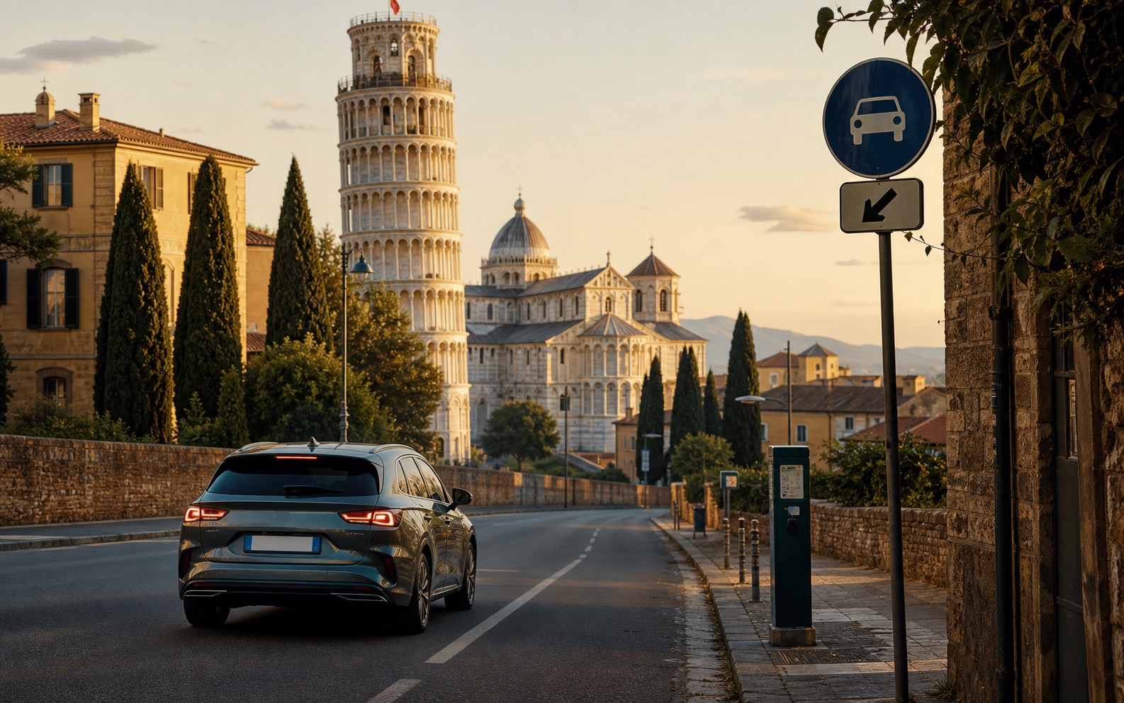 Car approaching Pisa with a tourist arrival and restricted-zone context